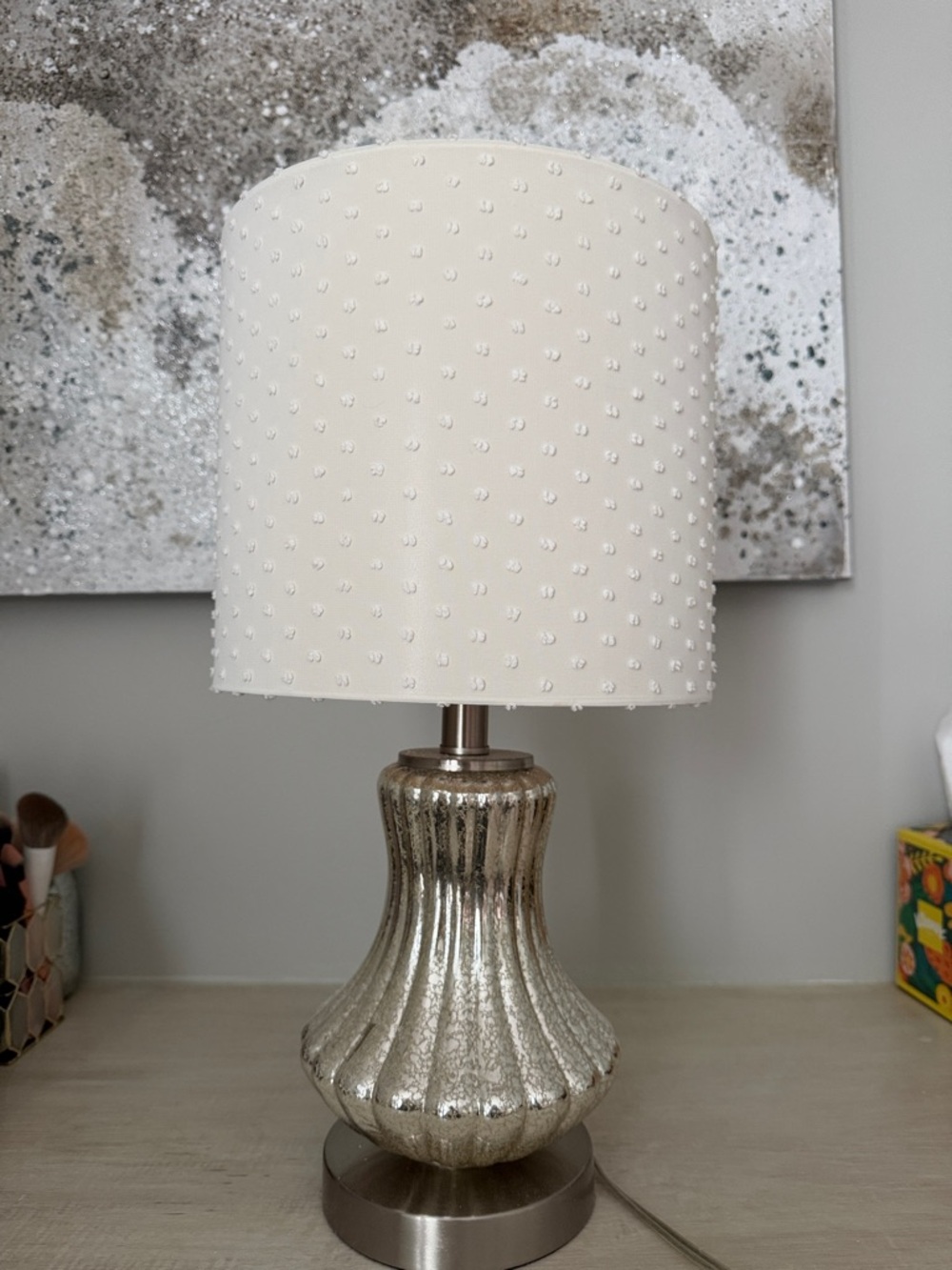 Elegant White Beaded Shade Table Lamp with Silver Mercury Glass Base